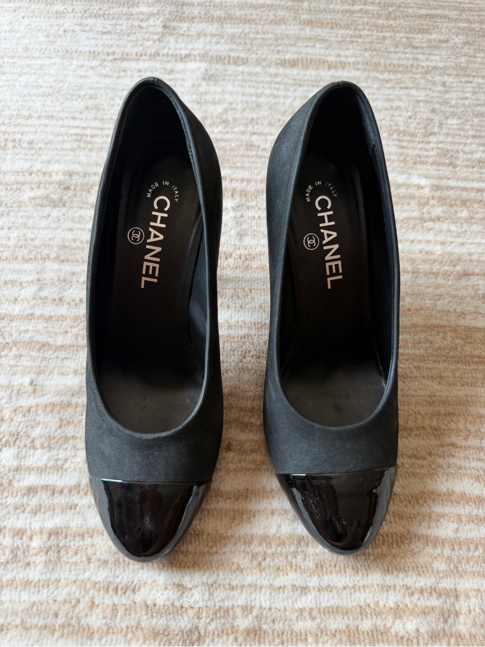 CHANEL Black Suede Pumps with Patent Cap Toe